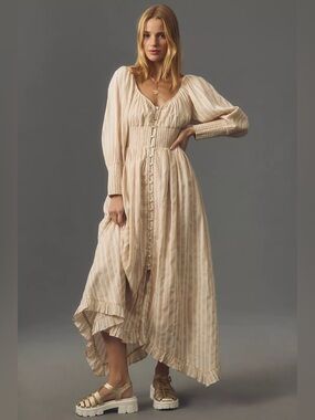 chinese dress ladies Anthropologie Dress Womens 0 Green Button Up Long Sleeve Belted White Striped main image 0
